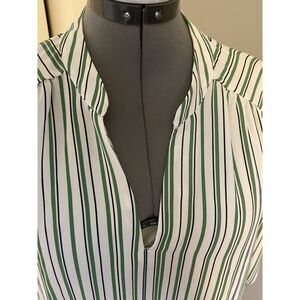 Cabi Green & White Striped Blouse | Size L | Roll Sleeve Lightweight Top